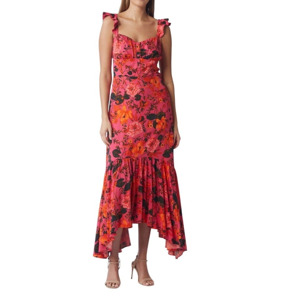 Chelsea28 Floral Handkerchief Hem Midi Dress XS Sweetheart Ruffle Strap Wedding